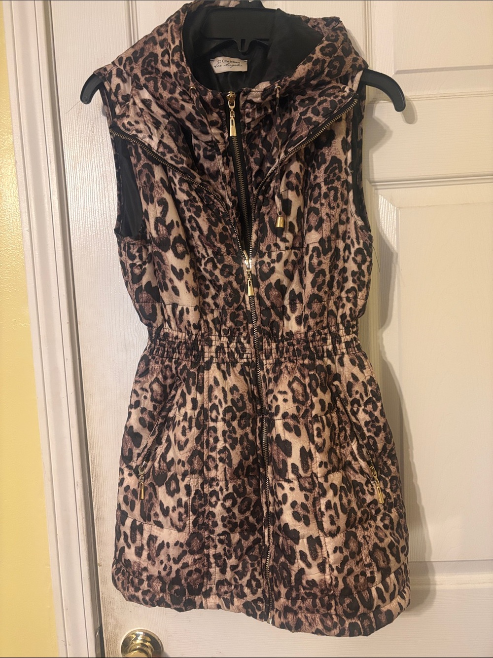 Leopard Print Sleeveless Puffer Vest with Hood - Brown